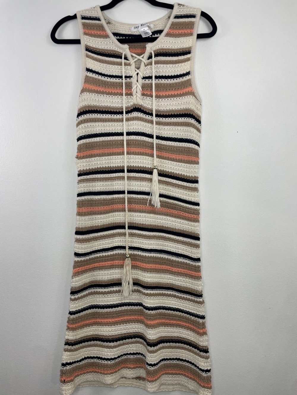 Crochet Stripe Lace-Up Midi Dress in Cream, Peach & Black